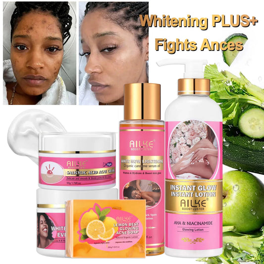 AILKE Natural Skin Brightening Set, Clean Darkness, Acne, Stains, Moisturize, Lightening, Smooth, Improve Rough and Dry Skin