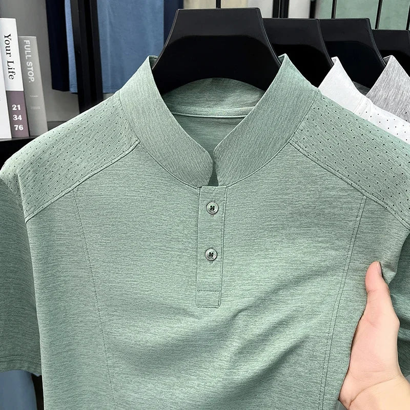Men's Split-Neck Tee - Vented Perforated Fabric, Breathable Slim