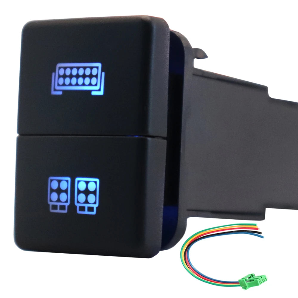 12V Dual Push Button Switch ON-Off Blue/Green Backlit 32.5mm X 22mm for Toyota 4Runner Hilux Prado RAV4, with Connector Wire