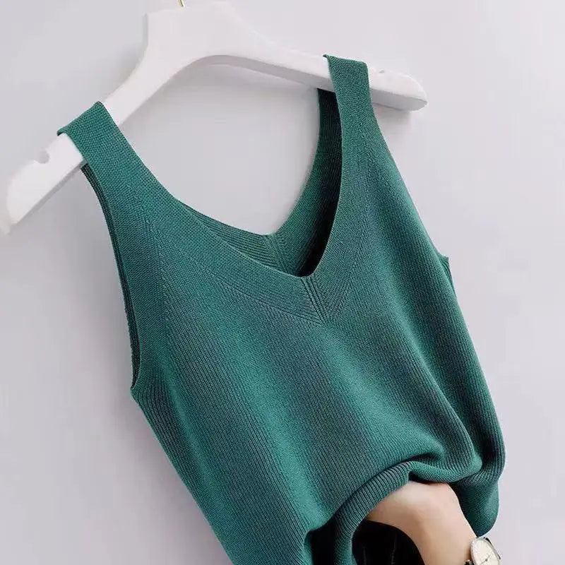 Plus Knit Tank Top V-Neck Ice Silk Sleeveless 2026 Summer Clothing Vests for Women Korean Fashion Loose Elegant Casual Cami Top