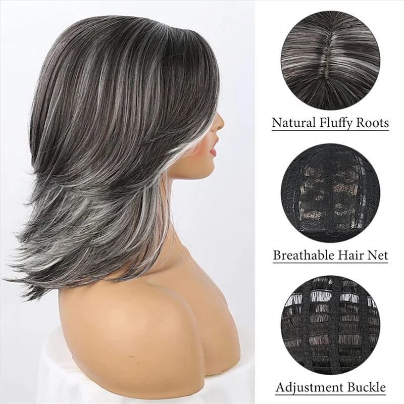 HAIRJOY Dark Gray Ombre Layered Wigs with  Bangs for Black Women Synthetic Hair Short Gray Highlight Straight  Layered Bob Wig