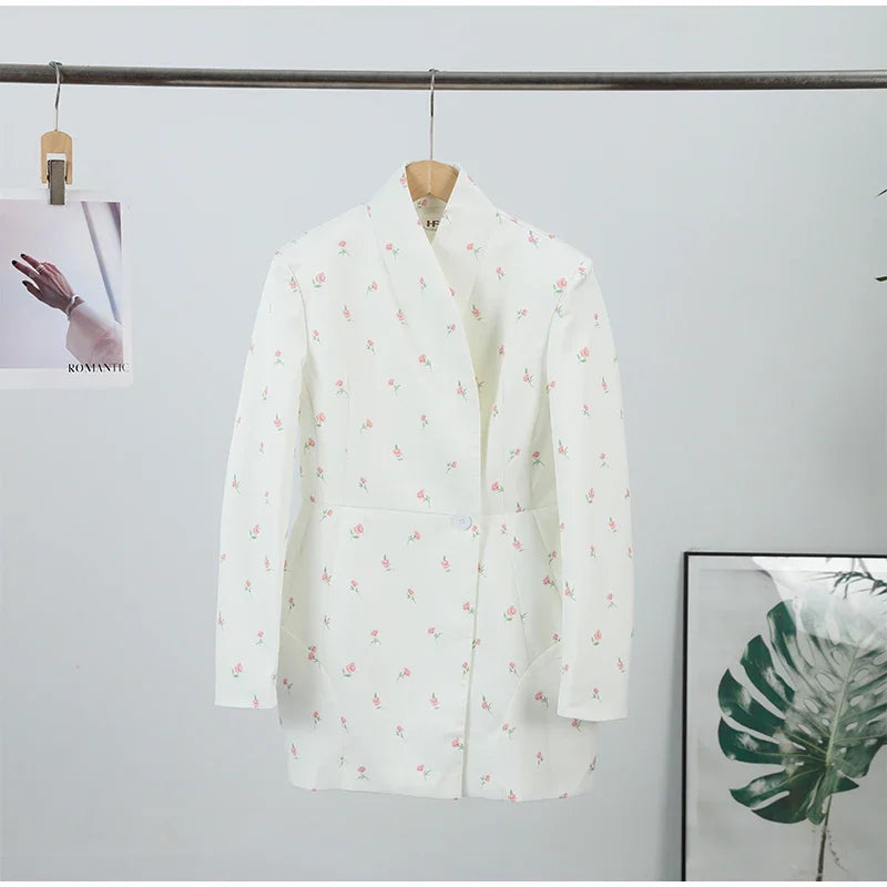 Women Cross Collar Floral Jacket Coats Stand Neck Waist Cinching Single Breasted Pad Shoulder Coats Lady Spring Chic Outwear Top