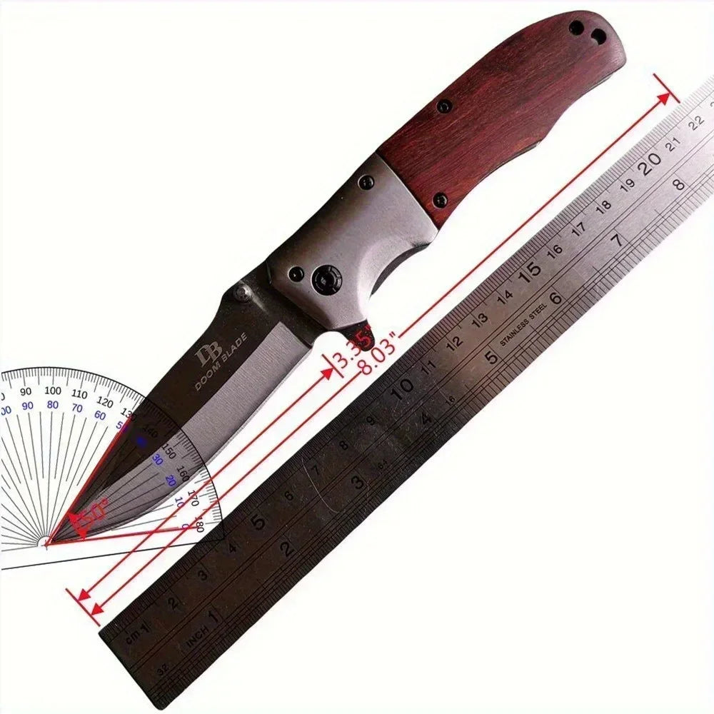 DOOM BLADE Portable Folding Knife - Stainless Steel Blade, Sharp V-Grind Edge & Spear Point Design, Lightweight Ergonomic Wood