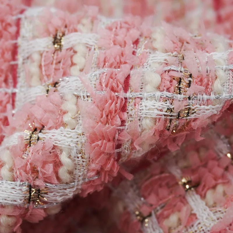 Tweed Fabric for Coat, Pink, Golden Thread, Glitter Cloth, Diy