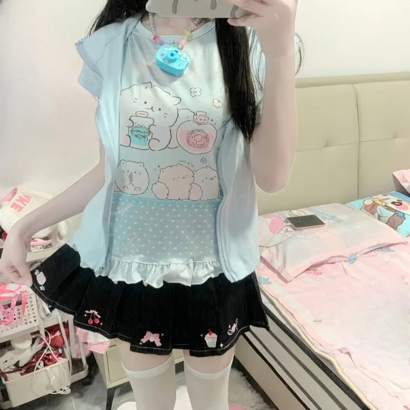 Kimutomo Japanese Petite Sweet Cute Replica Girl Outfit Short Sleeved Top Women Versatile Group Print Butterfly Round Neck