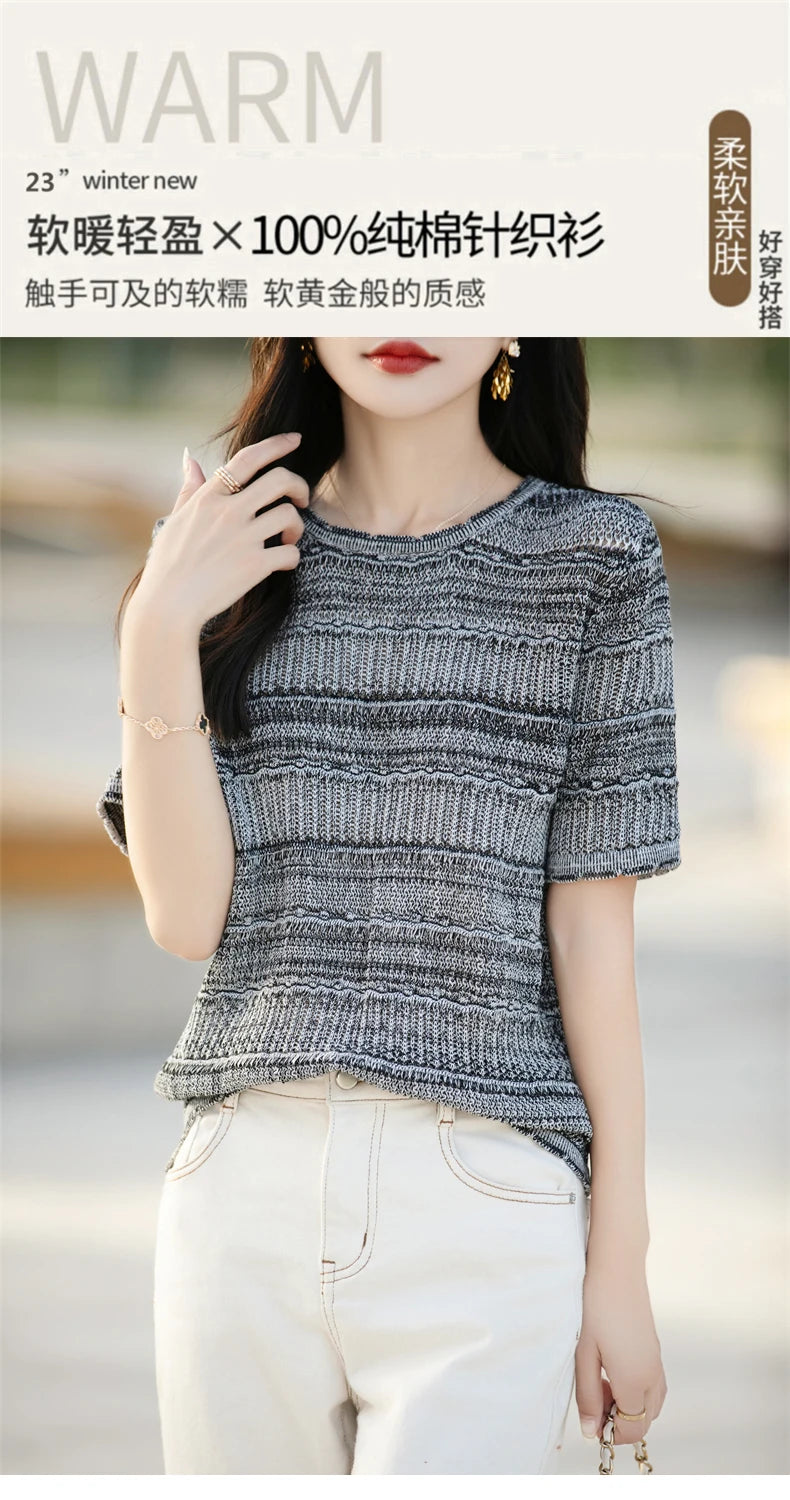 Women's T-Shirt Summer 100% Cotton Sweater Short Sleeve Striped Knitted Round Neck Ladies Tops Loose Blouse Pullover Tees