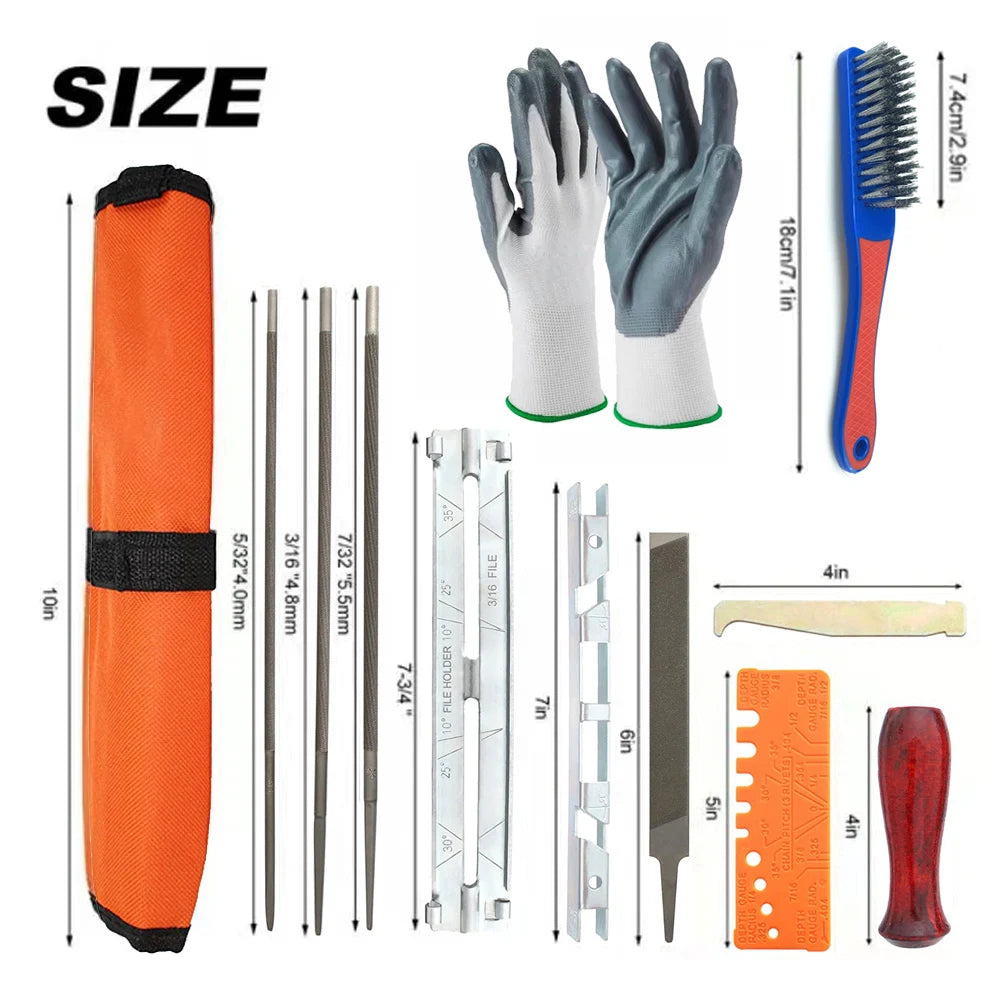 10/11/12 Pcs Set Professional Chainsaw Chain Sharpening Kit Tool Hardwood Handle Round/Flat File Guide Bar File Sharpener Tool