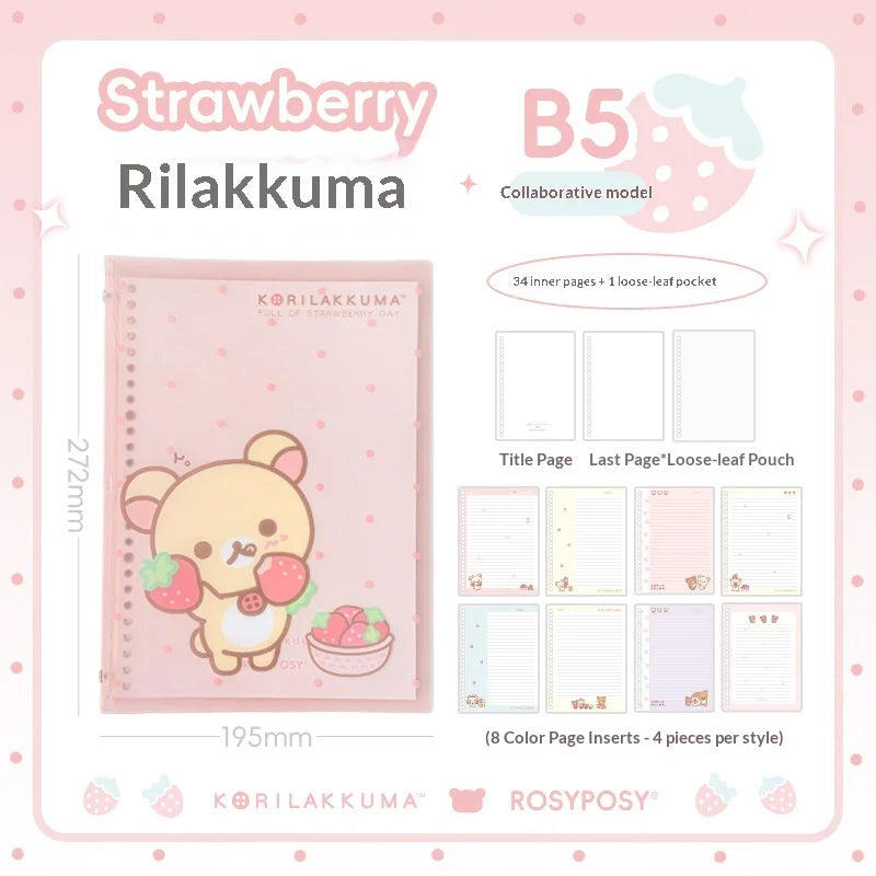Rosyposy Korilakkuma Strawberry B5 Loose Leaf Notebook Soft Cover Cute Journal For Daily Study Writing Note Taking