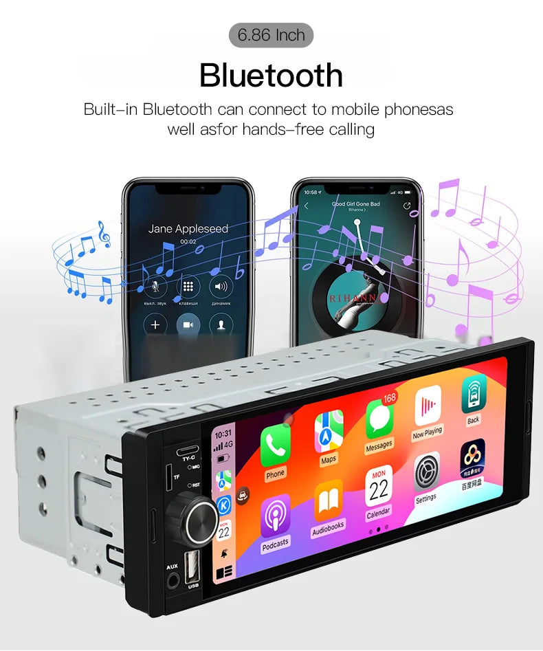 6.86" 1-DIN Car Stereo with Wireless CarPlay & Android Auto — Touchscreen MP5, Bluetooth, FM/AM, USB-C