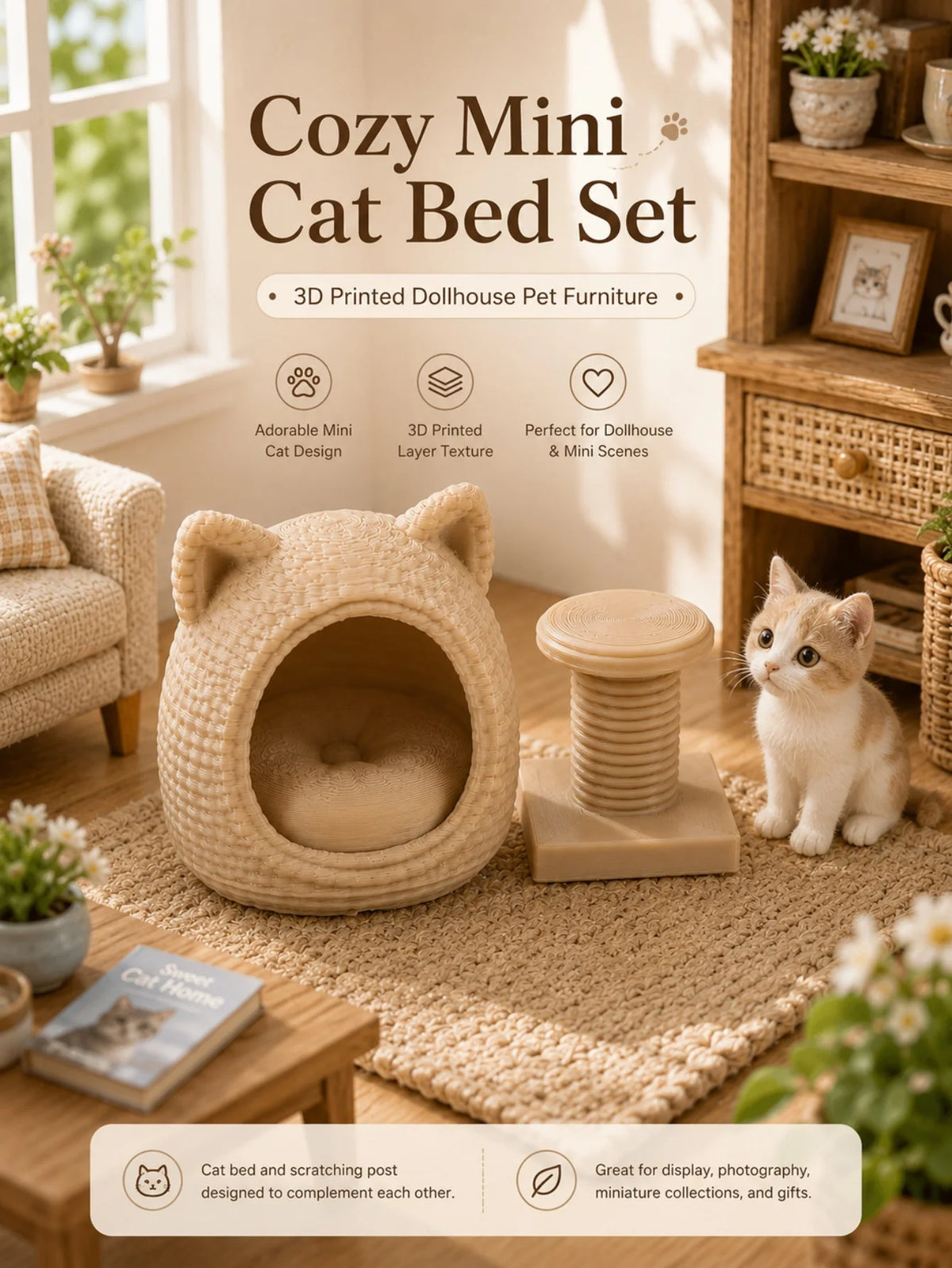 Set of 2 Miniature Cat Beds, Cat Tree Model—Perfect for Miniatures Enthusiasts and a Creative Gift for Cat Lovers.