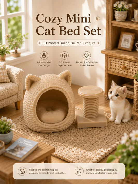 Miniature Cat Bed & Cat Tree Set - 1:12 Dollhouse Accessories