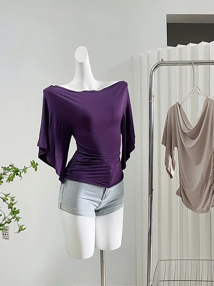 Sexy Summer Off Shoulder T shirt Women Elegant Batwing Short sleeve Cowl Neck Tops Korean Chic Tight Tshirt Lady Tees 2026 New