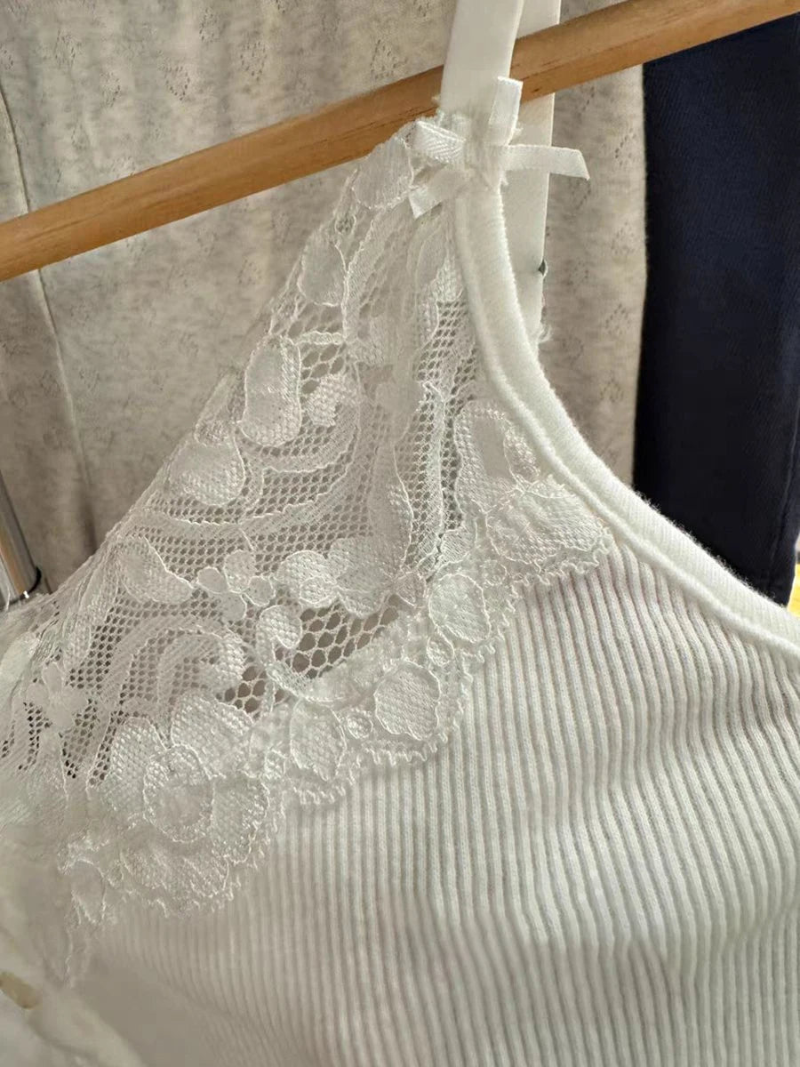 Lace Trim Buttons Ribbed Slim Tank Top Woman Summer Sleeveless Cotton White Simple Vest Vintage Sweet Basic Camisole Y2k Tops