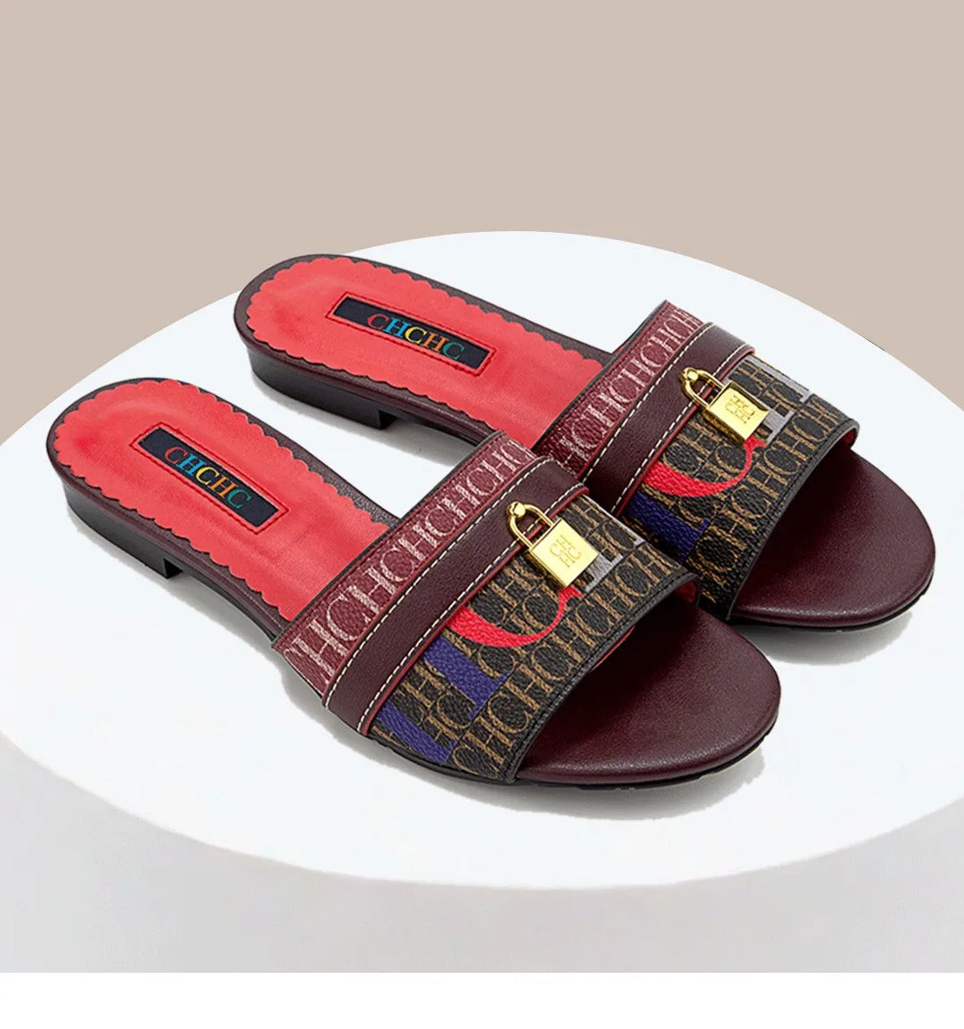 CH High Quality Metal Lock Monogram Print Women's Low Heeled Slippers Delicate and Versatile Women's Fashion Slippers
