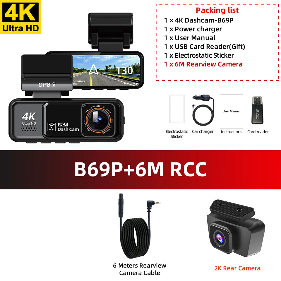 Acceo 4K Dashcam WIFI GPS CAR Video Recorder Dual Lens Support 2.5K Rear Camera Night Vision 24H Parking Monitoring Black Box