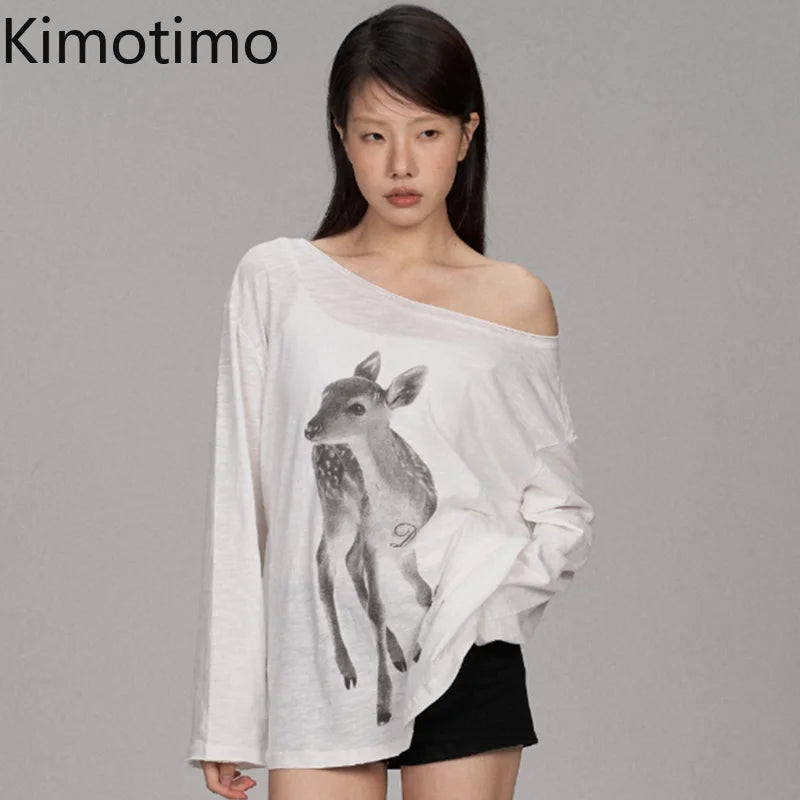 Kimotimo Summer Print Off Shoulder Long Sleeve T-shirt Women 2026 New Casual Transparent Loose Lazy Top Kpop Fashion Y2k Tees