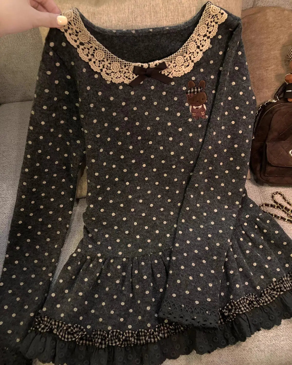 2026 Harajuku Cute Print T-Shirts Women Beige Polka Dot Ruffle Hem Tees Y2K Casual Lace Trim Tops Fashion Summer Streetwear Chic