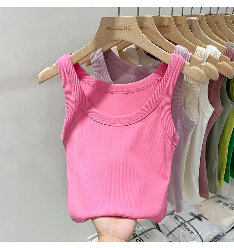 AOSSVIAO Women Solid Round Neck Ribbed Tank Top Camisole Women 2026 Summer Basic Elastic Tank Top O Neck Solid Tank Top
