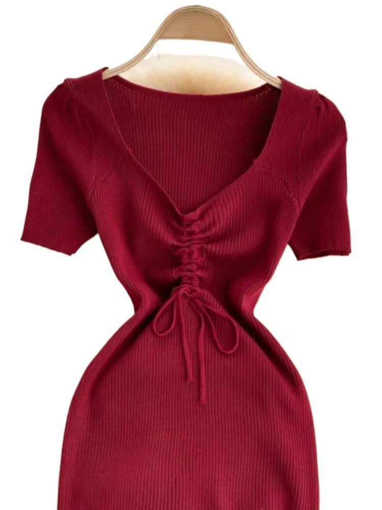 Women's Lavender Purple Sundress V-Neck Short Sleeve Lace-Up Stretchy Ribbed Knit Bodycon Mini Dress Summer Party Clubwear Dress