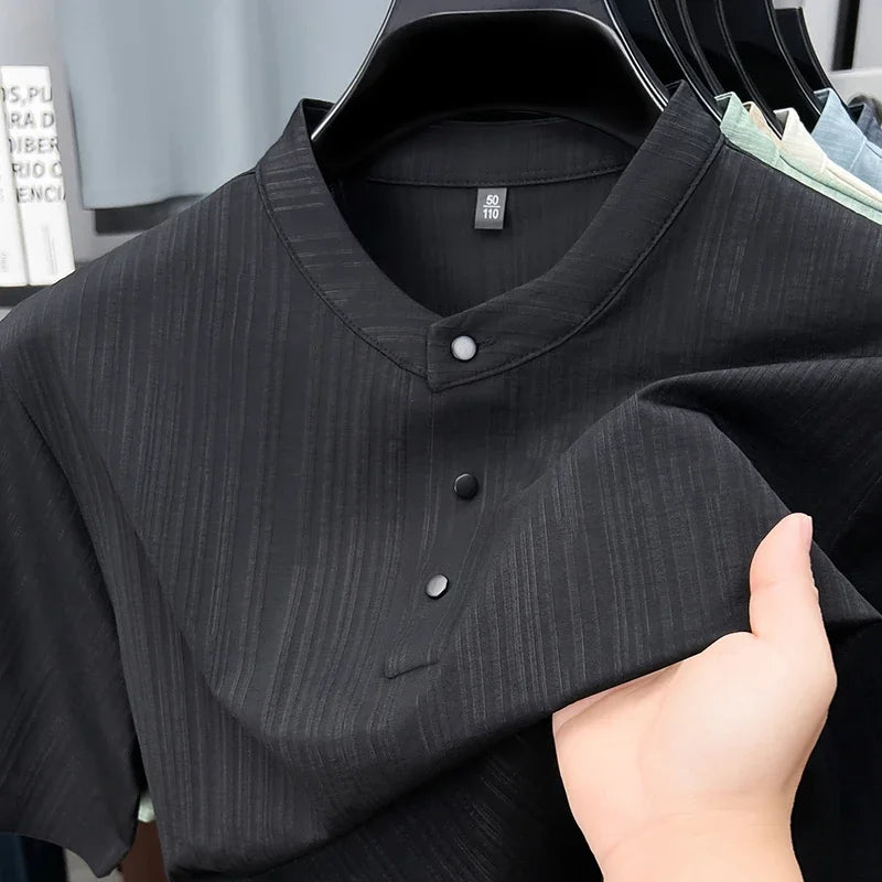Men's Mandarin Collar Henley - Three-Button, Breathable Slim Fit