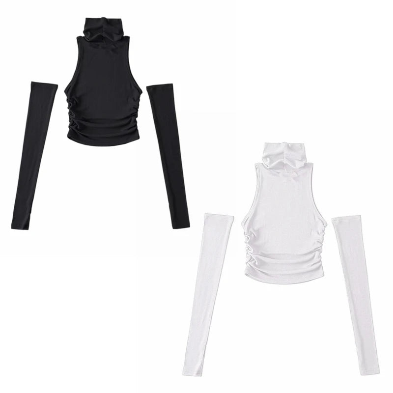 Woman Clothes Fall 2026 Tank Top Sleeve Cover Sleevless Side Pleats Turtleneck T-shirt  Sexy Ribbed Knitted Tops Y2k 2529
