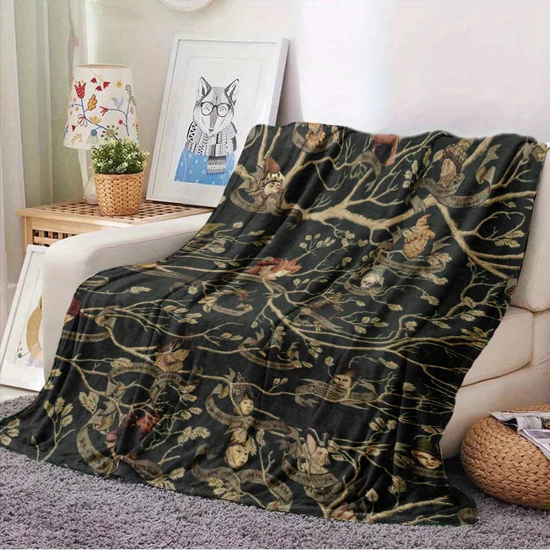 Family Tree Print Fleece Blanket, Black