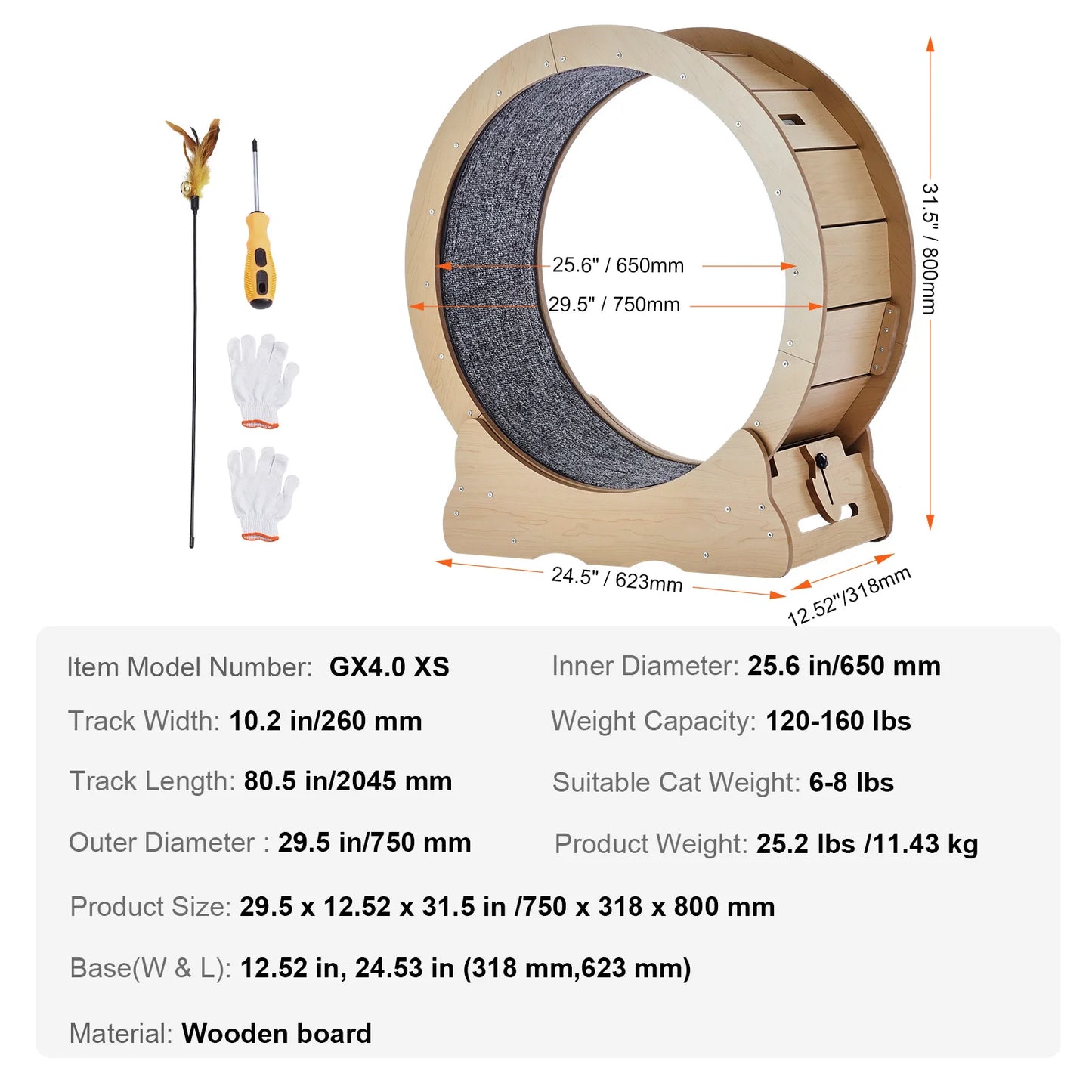 SucceBuy Wooden Cat Exercise Wheel – Large Indoor Cat Treadmill Running Wheel with Carpet & Teaser | 29–52 inch