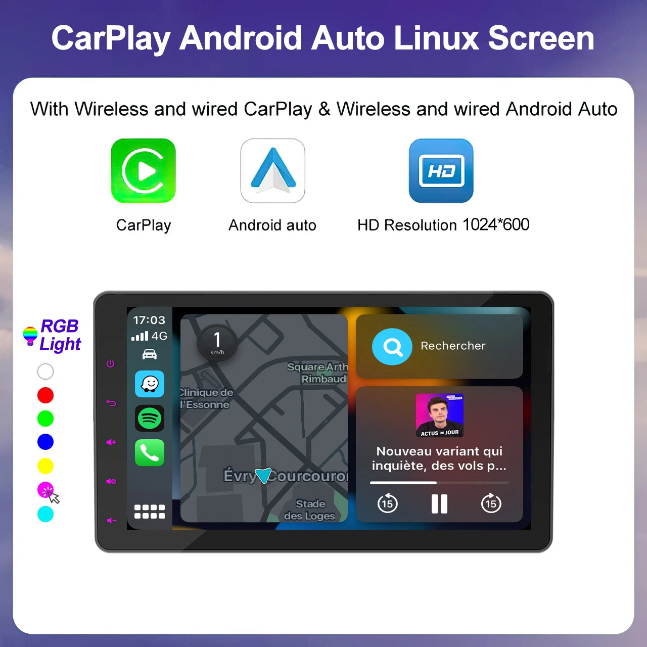 CAIXI Portable Wireless CarPlay & Android Auto Touchscreen — Dash-Mount Car Stereo Display