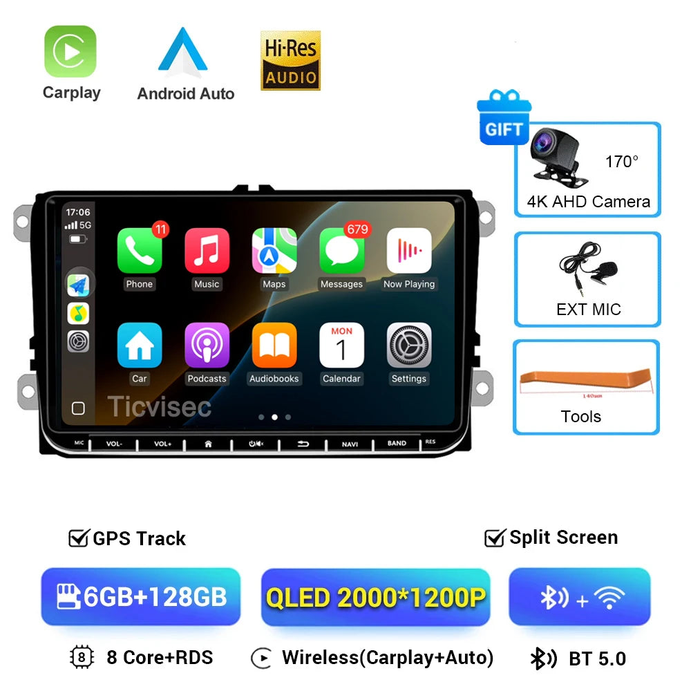 2 Din Android 16 Car Radio 9'' GPS With Carplay For VW/Volkswagen Passat Golf MK5 MK6 Jetta EOS POLO Touran Seat Sharan