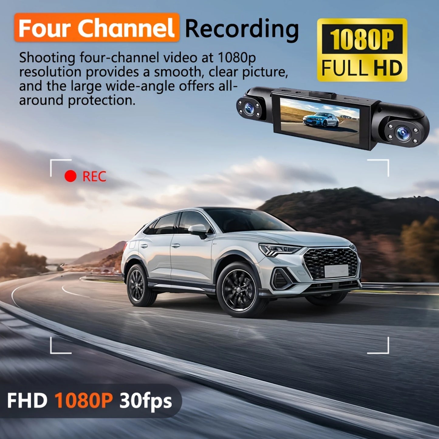 4-Channel 360° Dash Cam — Night Vision & 24/7 Parking Monitor
