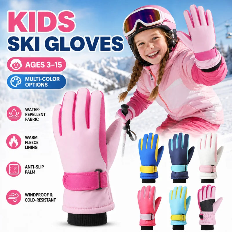 Kids Winter Ski Gloves - Fleece Lined Snow Gloves for Ages 3-15