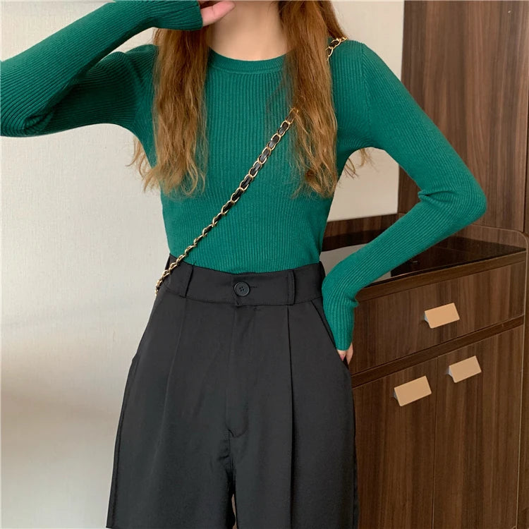 Women's Basic Knit Pullover — Stretch Crew Neck Jumper