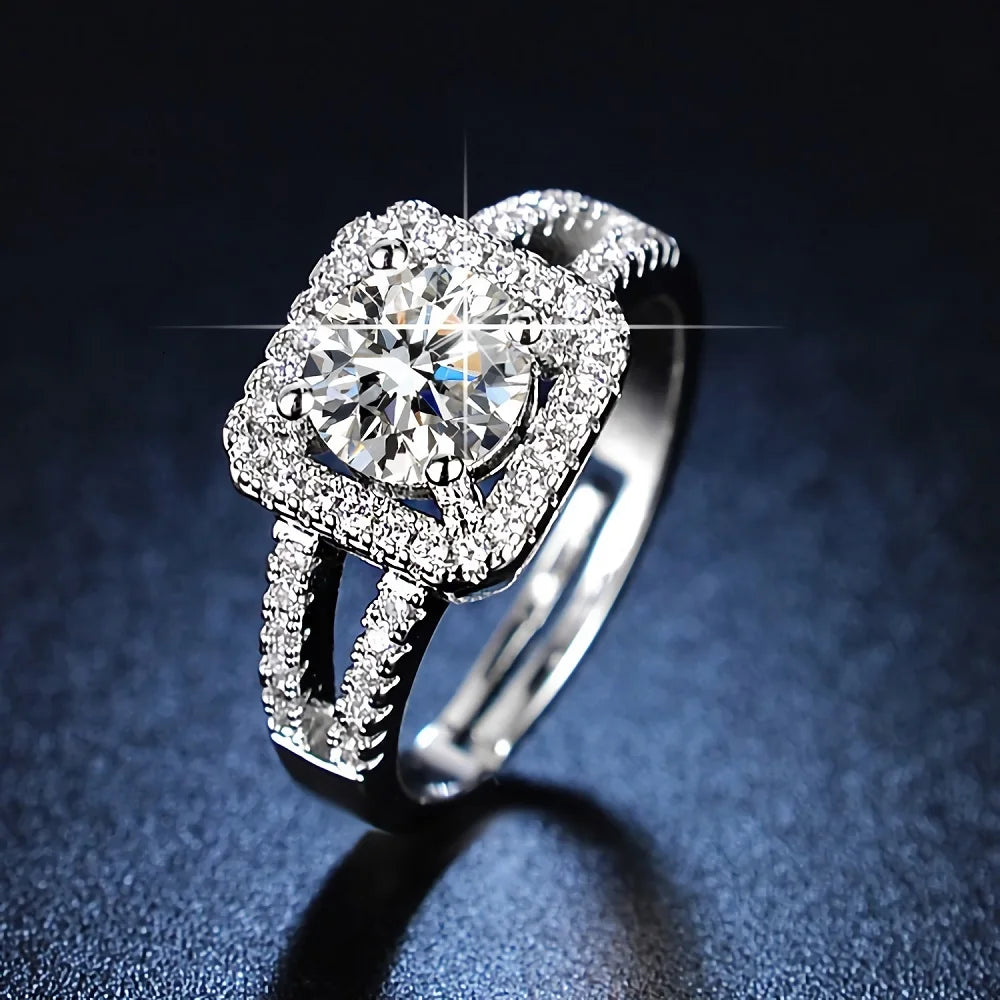 925 Sterling Silver Crystal Square Ring for Women - Adjustable