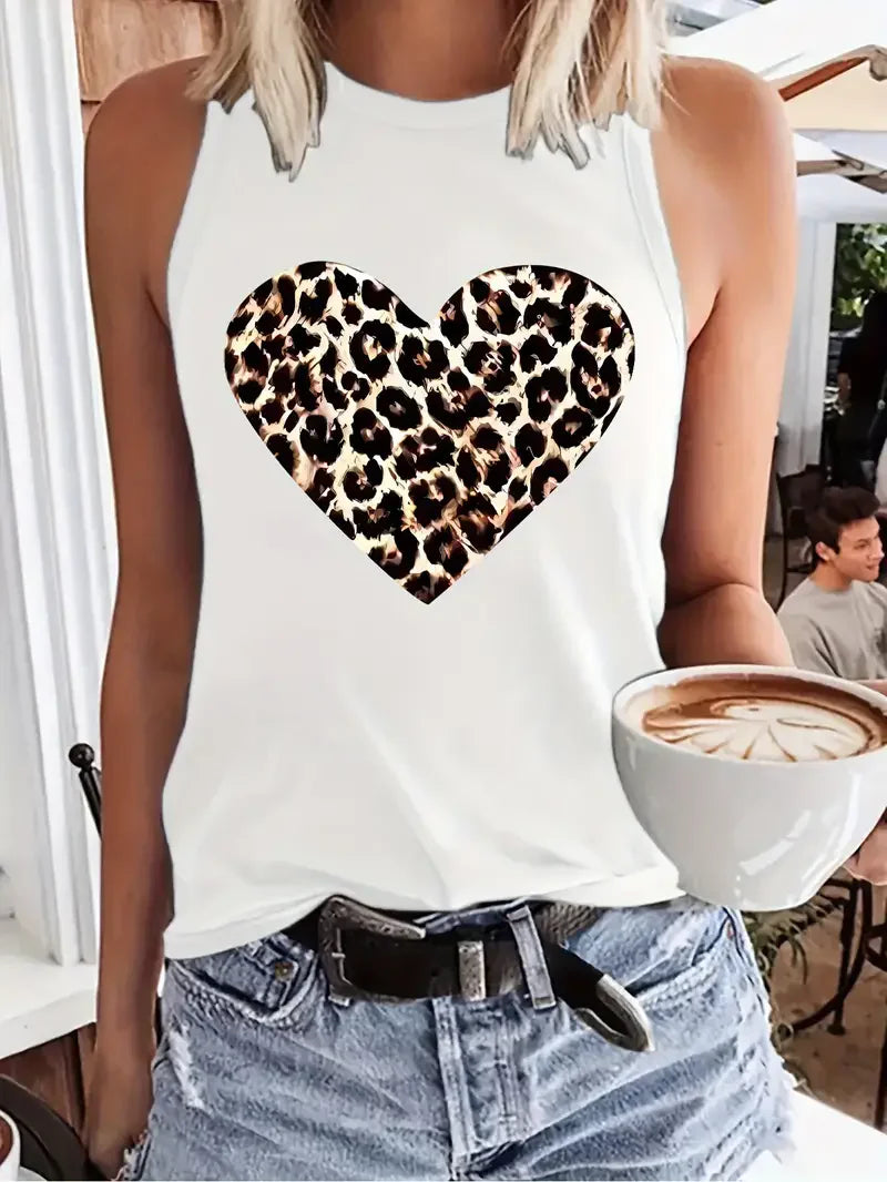 Leopard Heart  Design Printed Vest T-shirt Graphic Print Tank Top Women’s Sleeveless Crew Neck Casual Top for Summer Spring