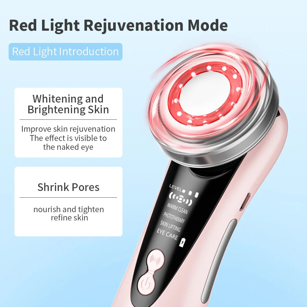 7 in 1 EMS Facial Massager Face Beauty Instrument with Induced Vibration and Hot Compress Face Skin Care Tool LED Light Therapy , Women