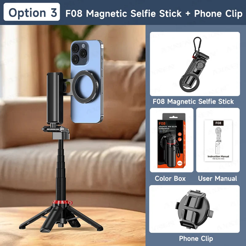 Mini Magnetic Selfie Stick Tripod Removable Remote Control Quadrapod Holder 360° Rotation for iPhone 16 15 14 13 12 Vlog Live