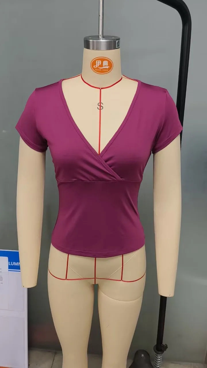 2026 Summer New Fashion Women's T-Shirt Solid-Color Slim-Fit V-Neck Short-Sleeve Top Y2k Clothing