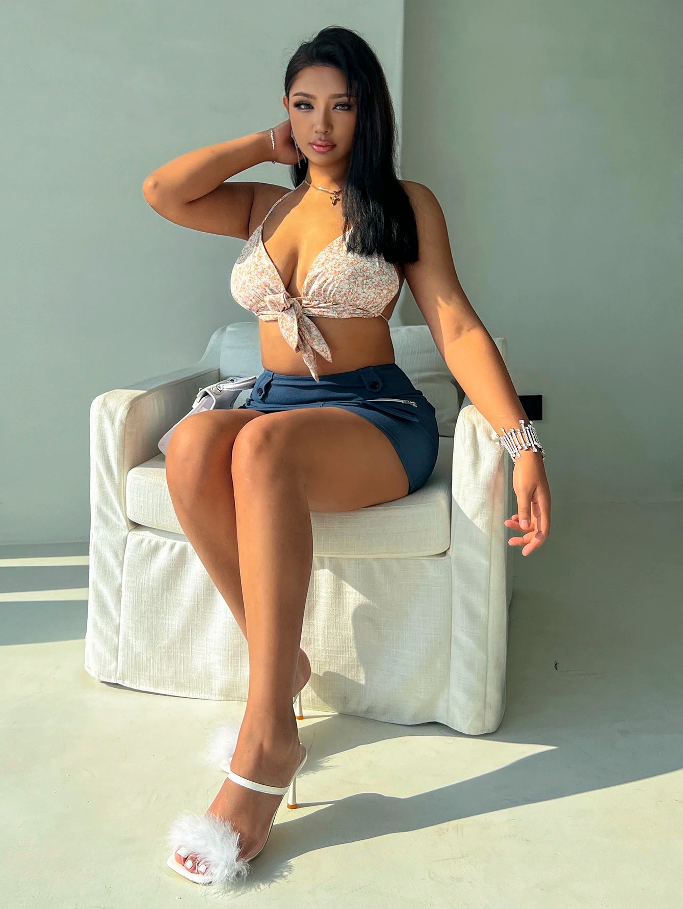 Women's floral sleeveless open navel top mini skirt set, total of 2 pieces, summer street clothing and beach clothing