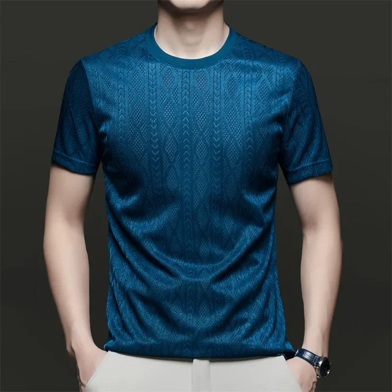 Men's Ice-Silk Jacquard Tee - Crew Neck, Cool-Touch Hollow Mesh