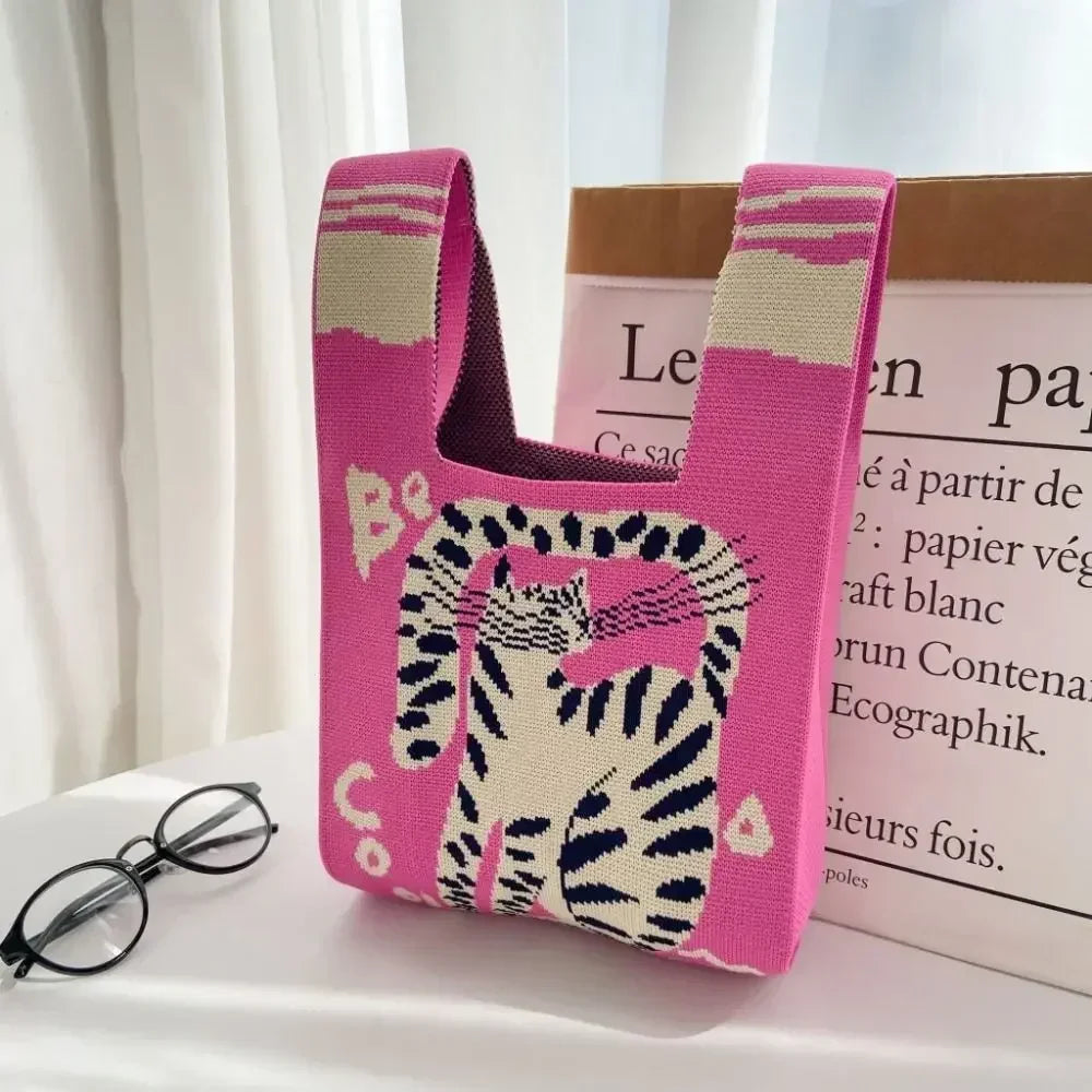 Cat Knit Handbag Fashion Knit Handmade Shopping Bags High-capacity Knot Wrist Bag Girls