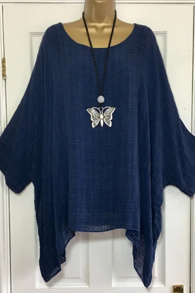 Women's Plus-Size Linen T-Shirt — Loose Batwing Long-Sleeve Top (to 5XL)