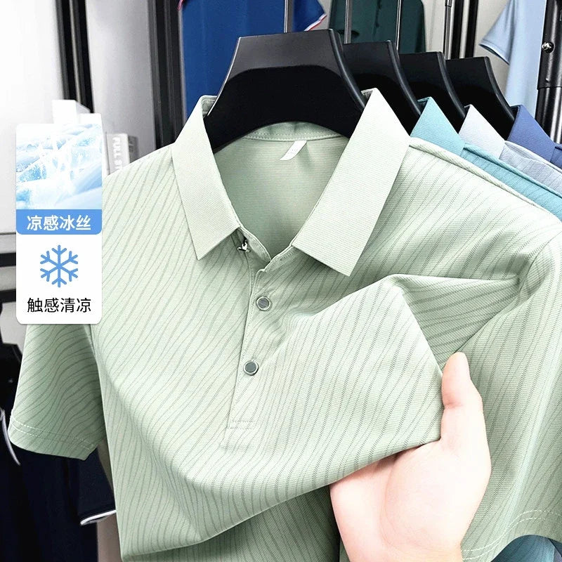 Men's Striped Polo Shirt - Quick-Dry Turn Collar, Moisture-Wicking