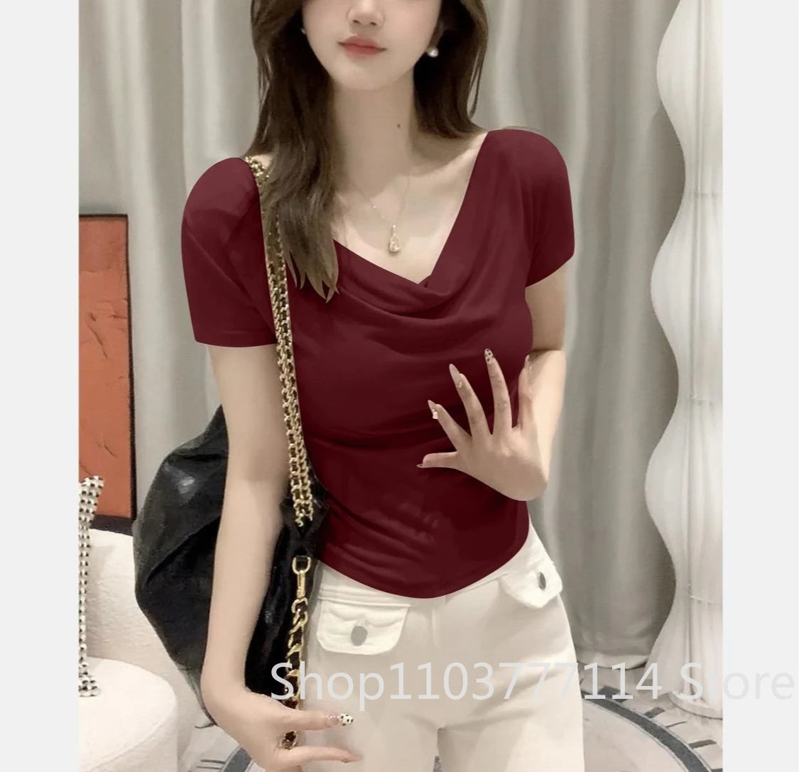 Summer Thread Solid Color Beach Fashion Versatile Women's Short Sleeved T-shirt Casual Lightweight Breathable Sexy Women's Top