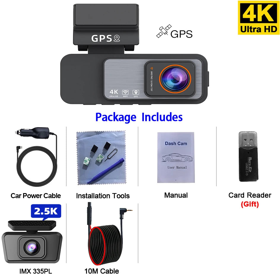 Dash Cam 4K UHD Recording Car Camera DVR Night Vision Video Recorder GPS Wi-Fi Support Dual Lens Room 2.5K Rear View Camera