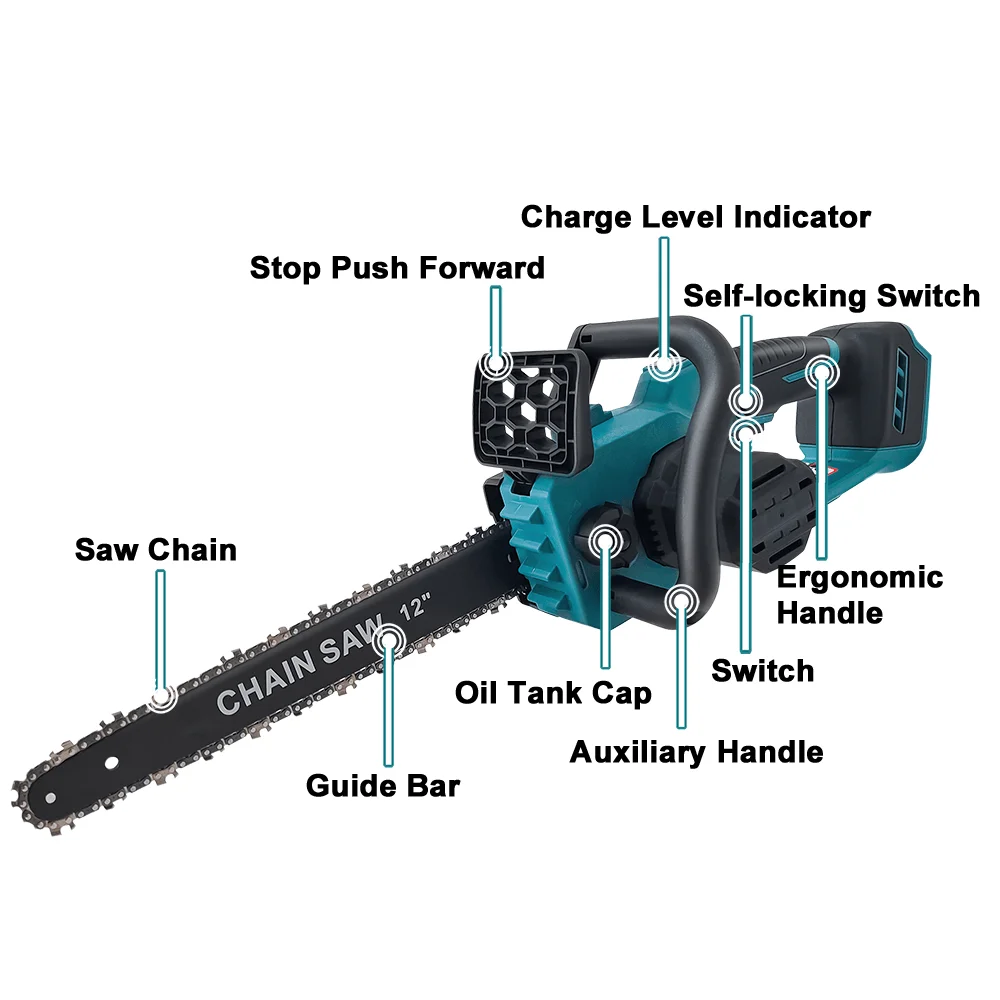 PATUOPRO 12inch Brushless Electric Chain Saw Cordless Chainsaw Woodworking Cutting Home Garden Power Tool For Makita 18V Battery