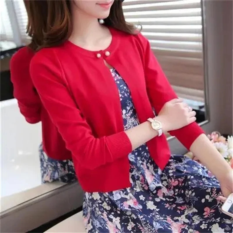 Women's Short Knit Cardigan - Casual Crew Neck Sweater Top - photo 4
