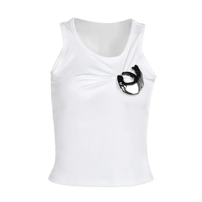 Creative Metal Decoration Tank Tops Women Edgy Clothes Y2k Accessories Sleeveless Crop Top Slim Fit Ropa De Mujer Camison Verano