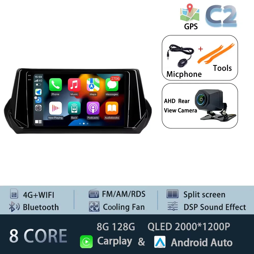 Car Stereo with Apple CarPlay & Android Auto, Compatible with Peugeot 2008 & 208 (2019-2022)