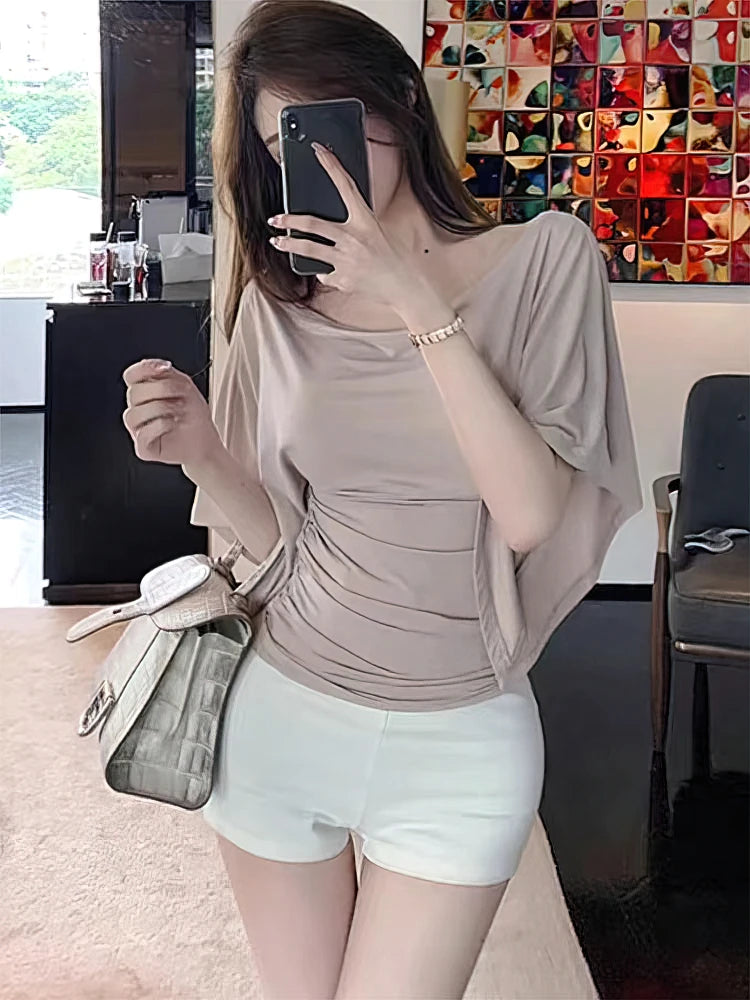 Sexy Summer Off Shoulder T shirt Women Elegant Batwing Short sleeve Cowl Neck Tops Korean Chic Tight Tshirt Lady Tees 2026 New