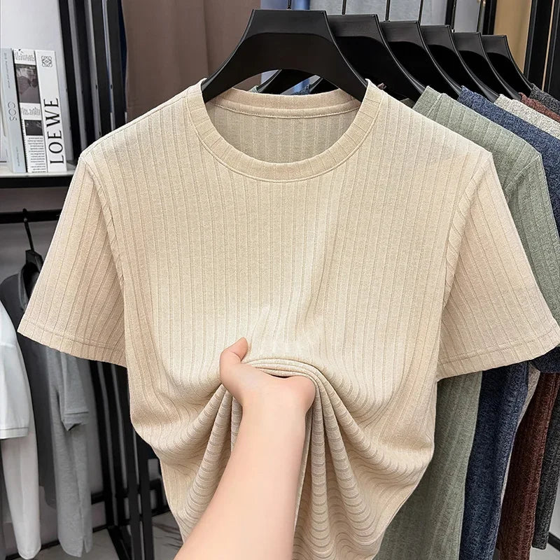 Men's Vertical Ribbed Tee - Crew Neck, Soft Elastic Daily Fabric